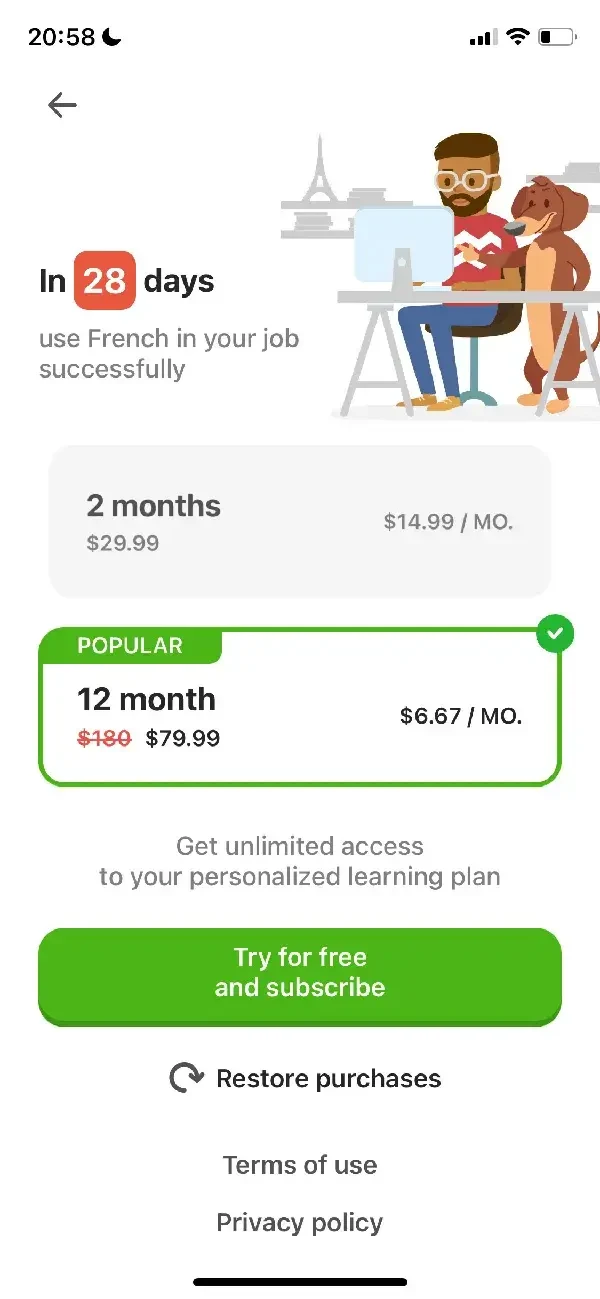 10 Minute French paywall screen
