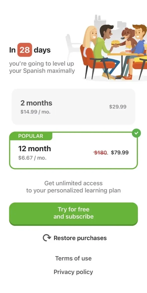 10 Minute Spanish paywall screen