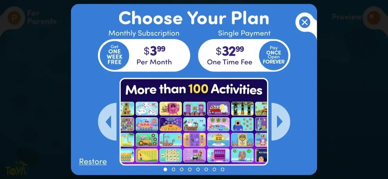 123 Toddler games paywall screen