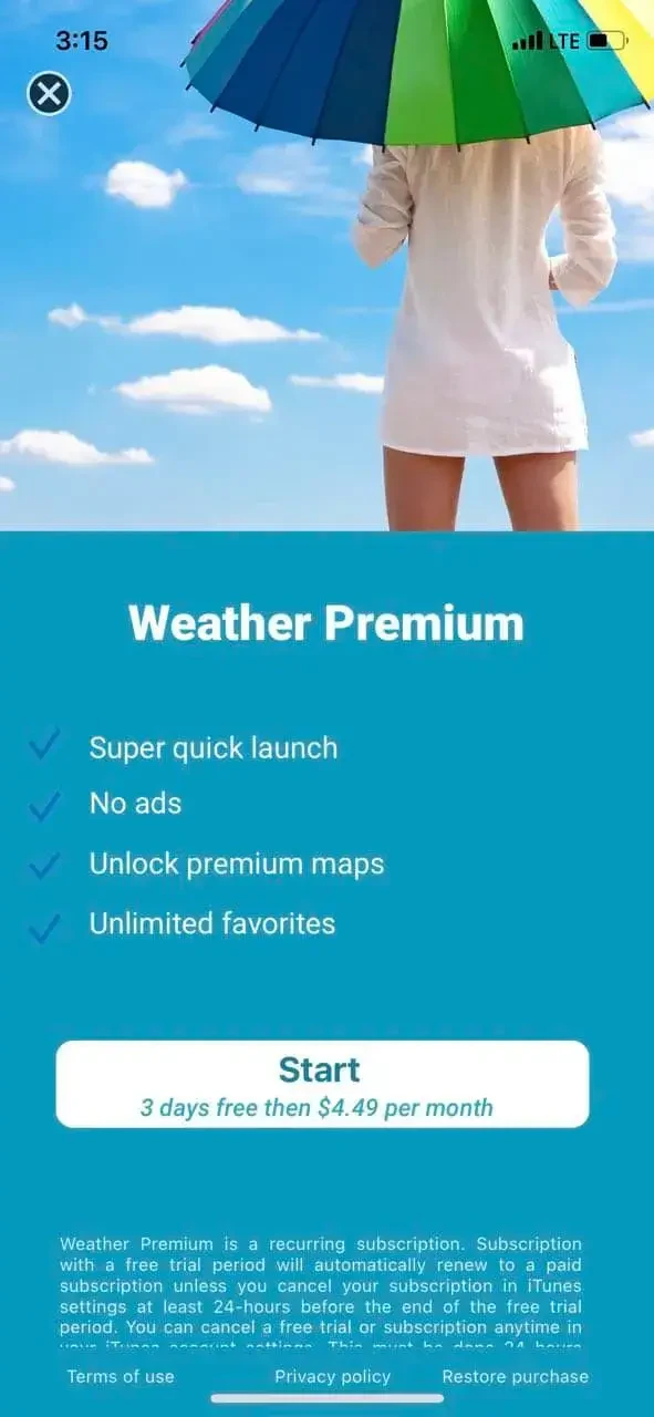 14 days Weather paywall screen