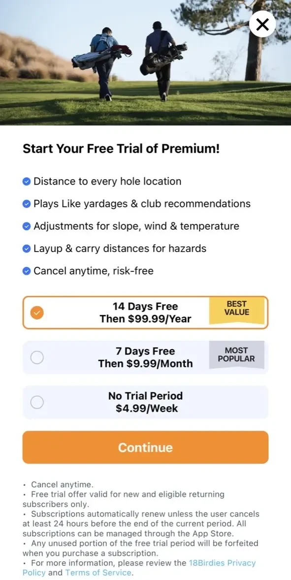 18Birdies paywall screen