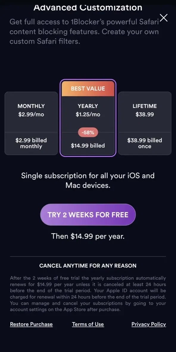 1Blocker paywall screen
