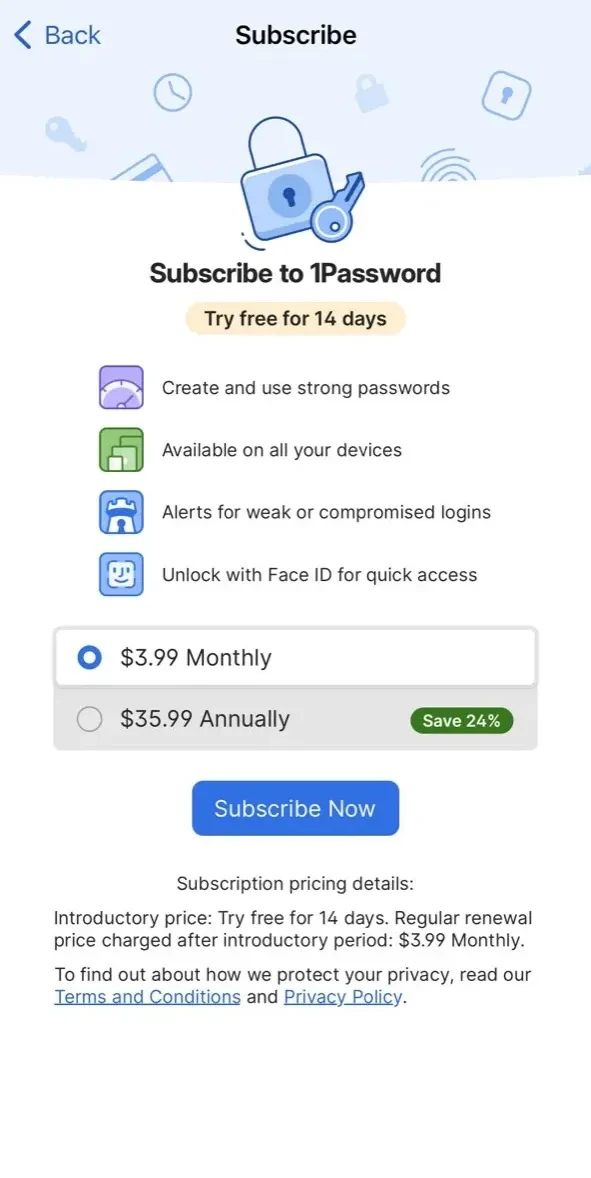 1Password paywall screen