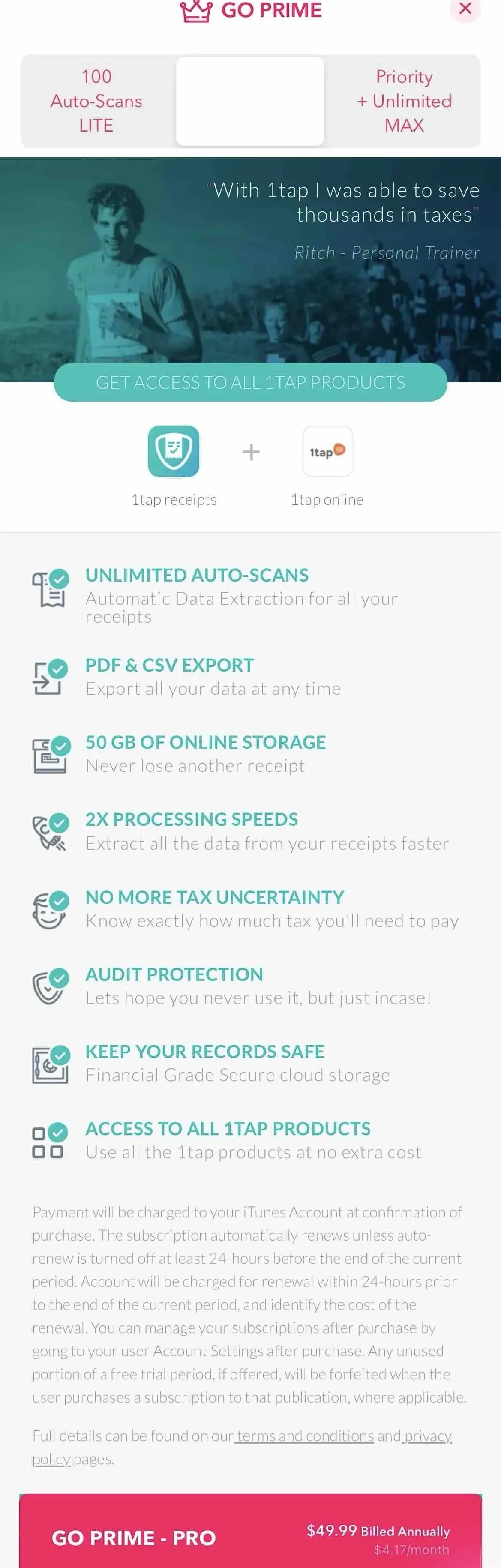 1tap receipts paywall screen