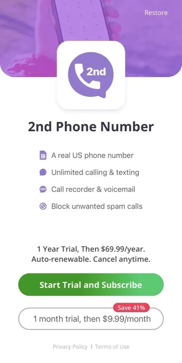 2nd Phone Number paywall screen