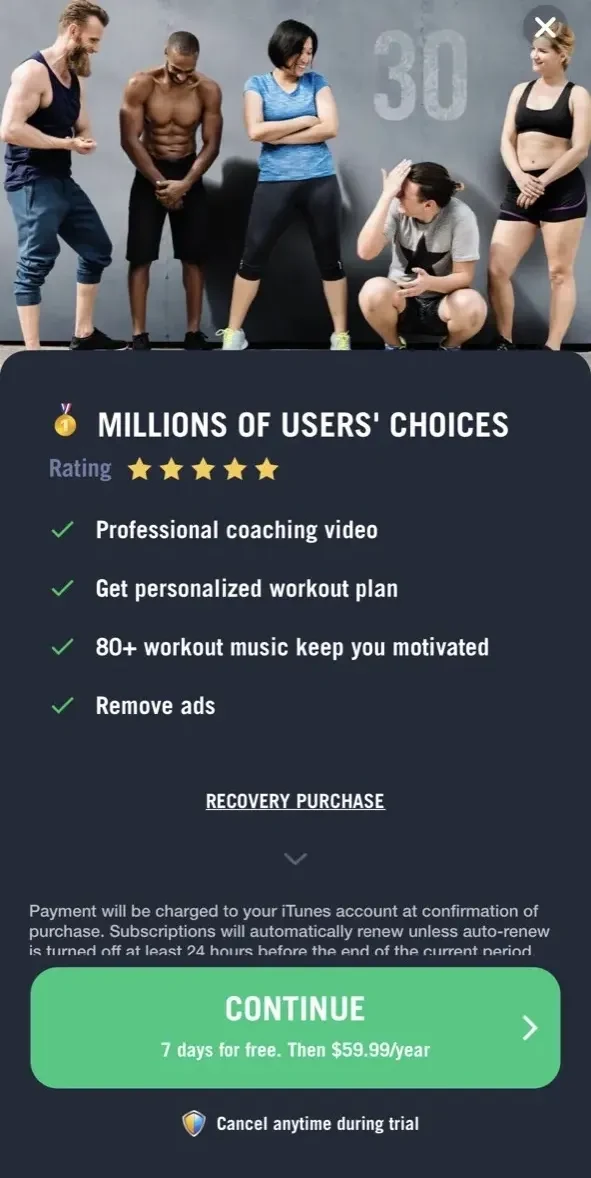 30 Day Fitness at Home paywall screen
