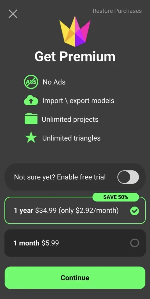 3D modeling paywall screen