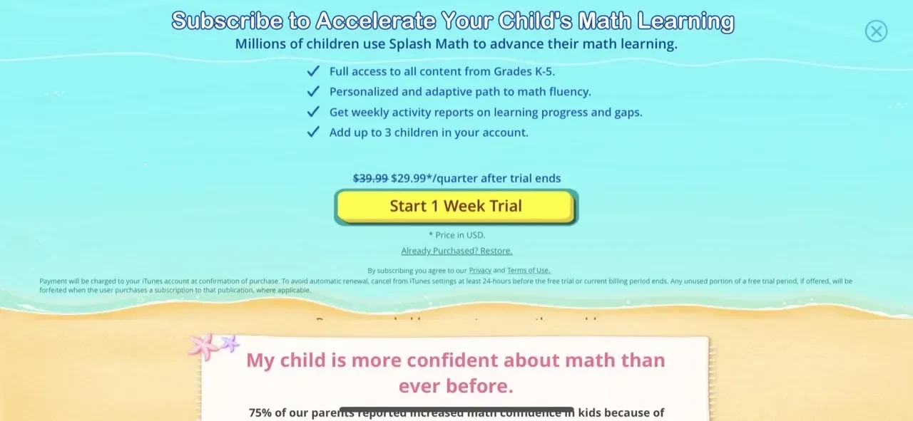 3rd Grade Math Games For Kids paywall screen