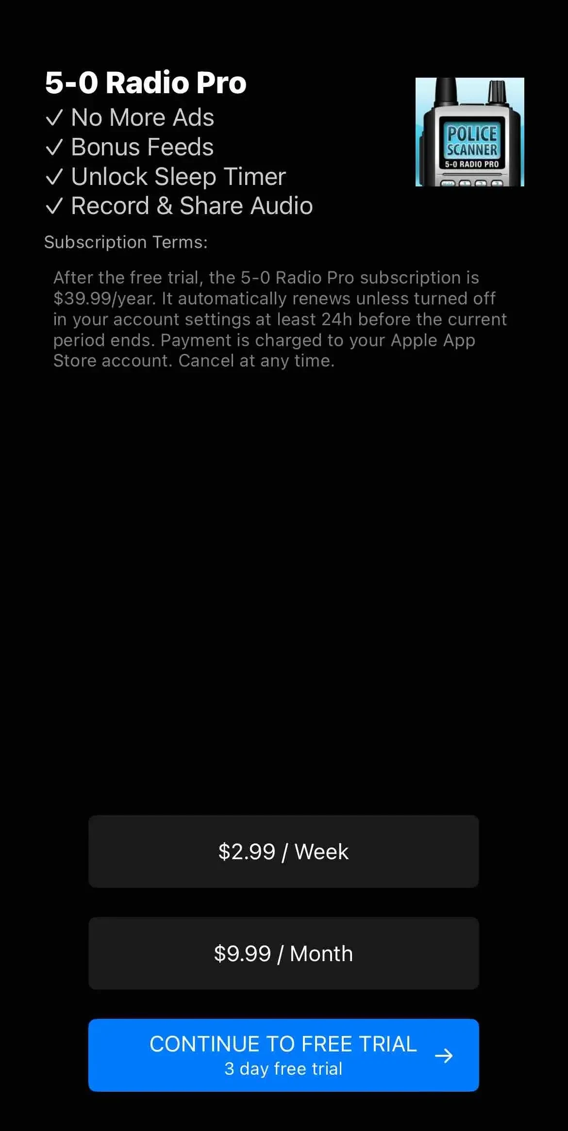 5-0 Radio Police Scanner paywall screen