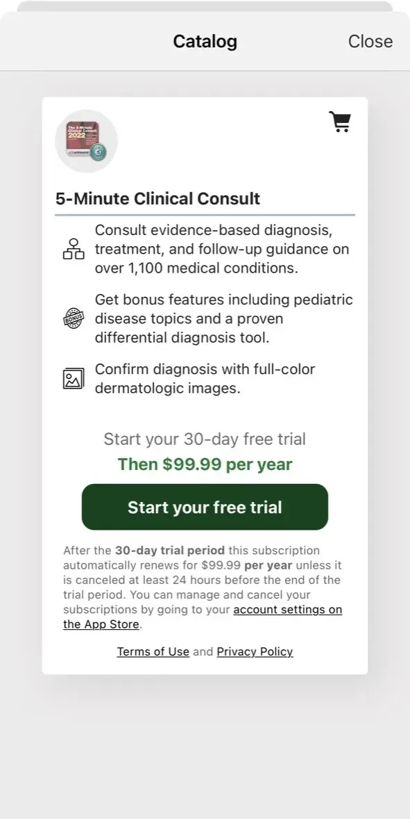 5 Minute Clinical Consult paywall screen