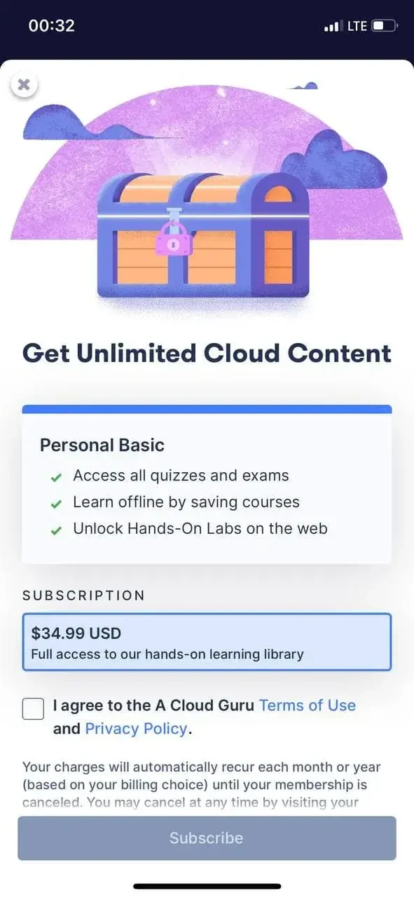 A Cloud Guru paywall screen