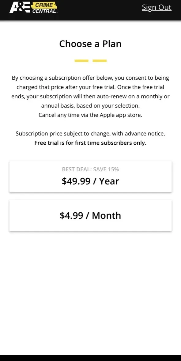 A&E Crime Central paywall screen