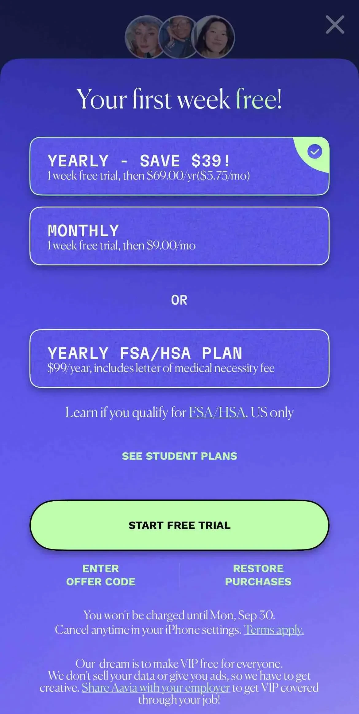 Aavia paywall screen