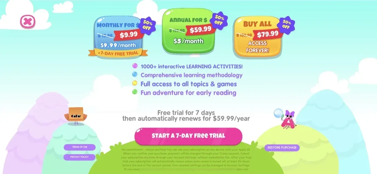 ABC Phonics Kids Reading Games paywall screen