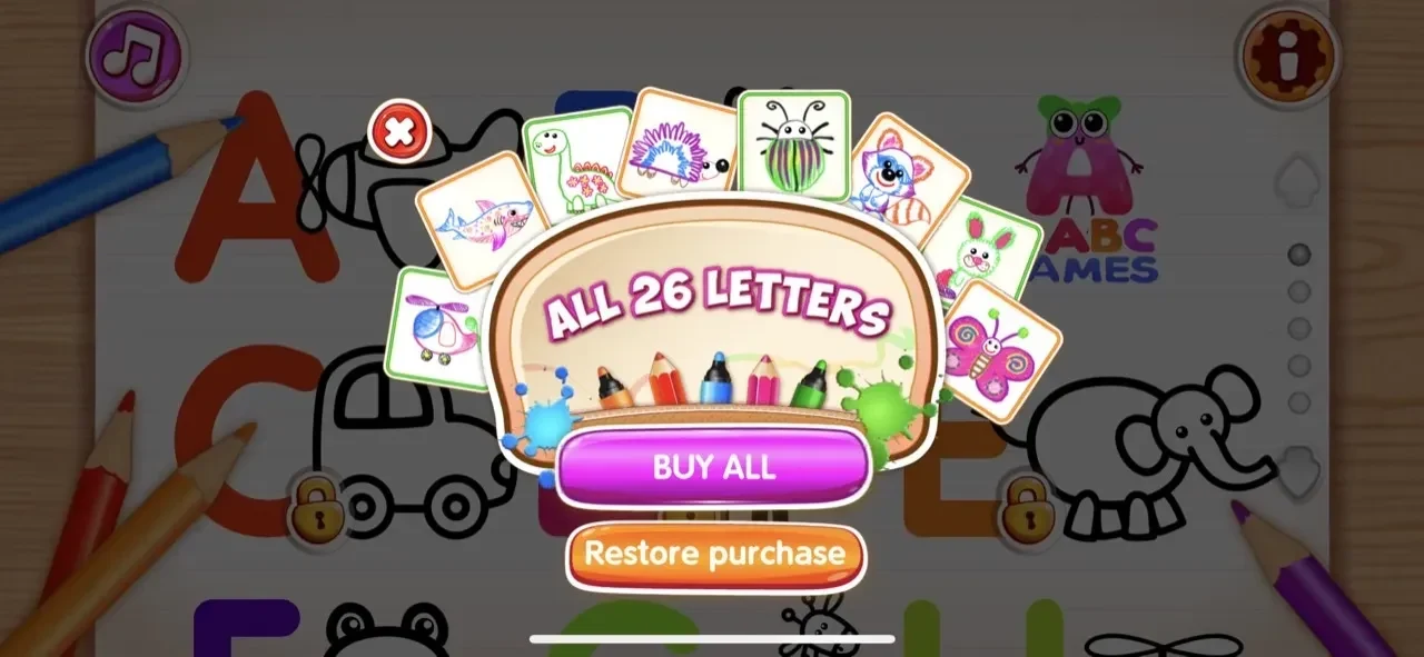 ABC Tracing Kids Drawing Games paywall screen