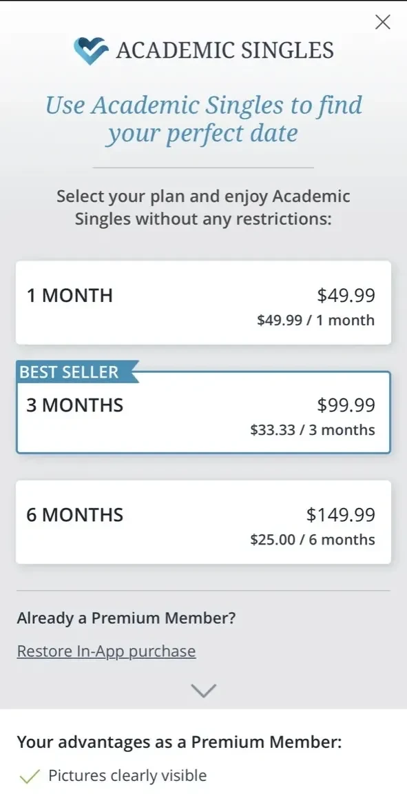 Academic Singles paywall screen