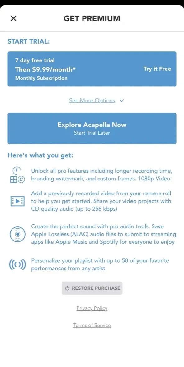 Acapella from PicPlayPost paywall screen