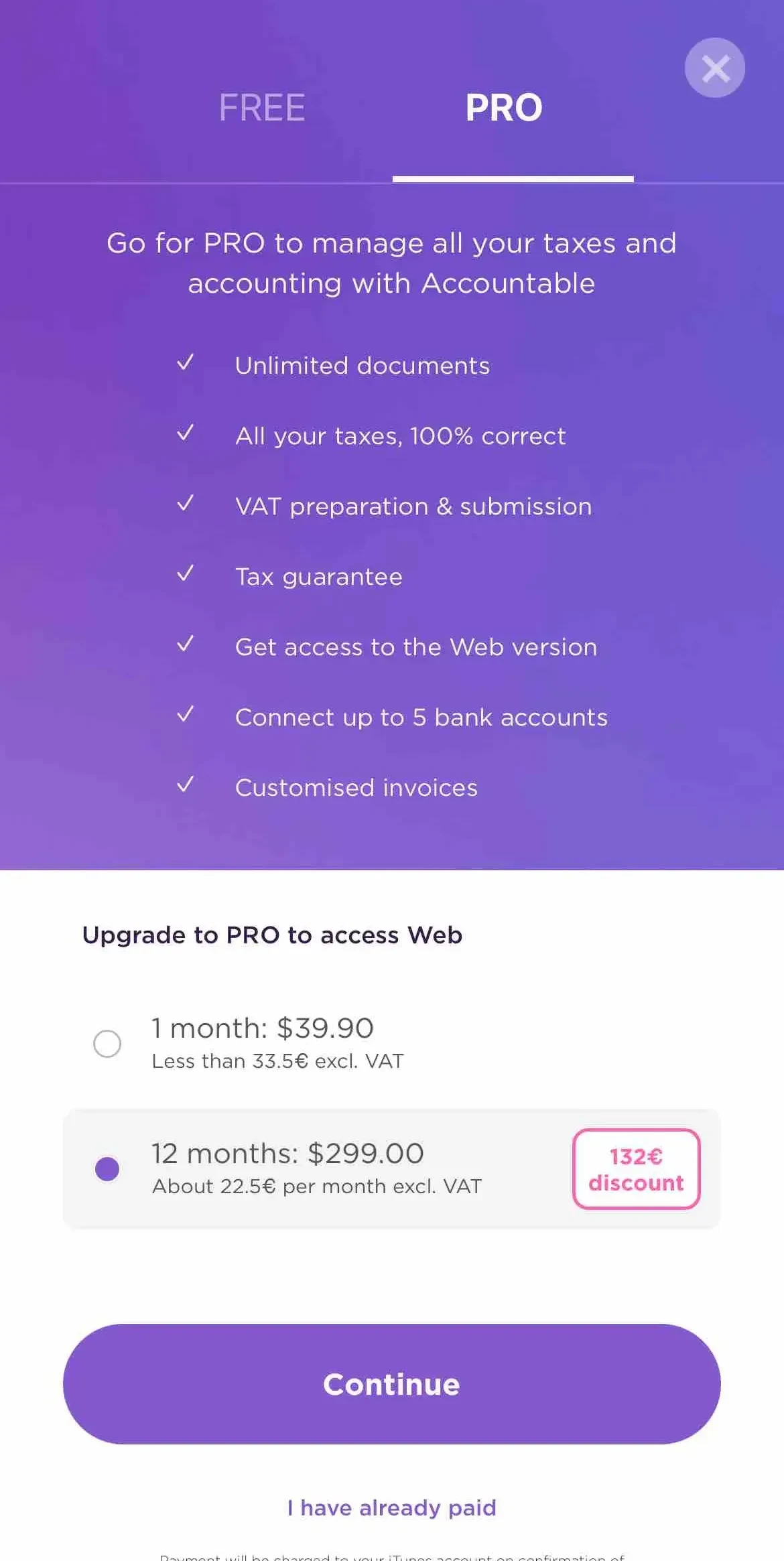 Accountable Self-Employed paywall screen