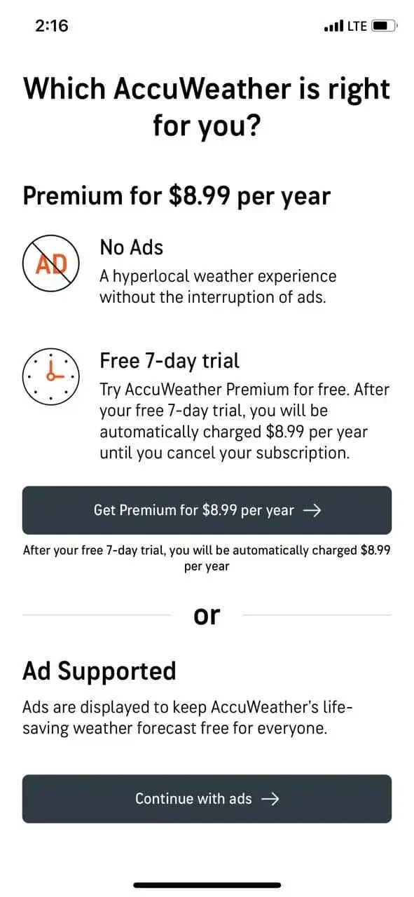 AccuWeather paywall screen