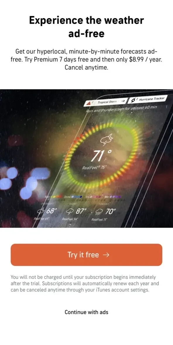 AccuWeather paywall screen