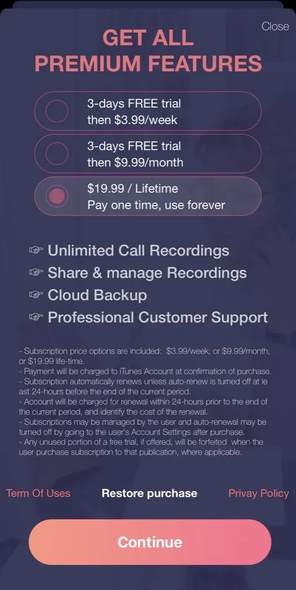 Acr call recorder paywall screen