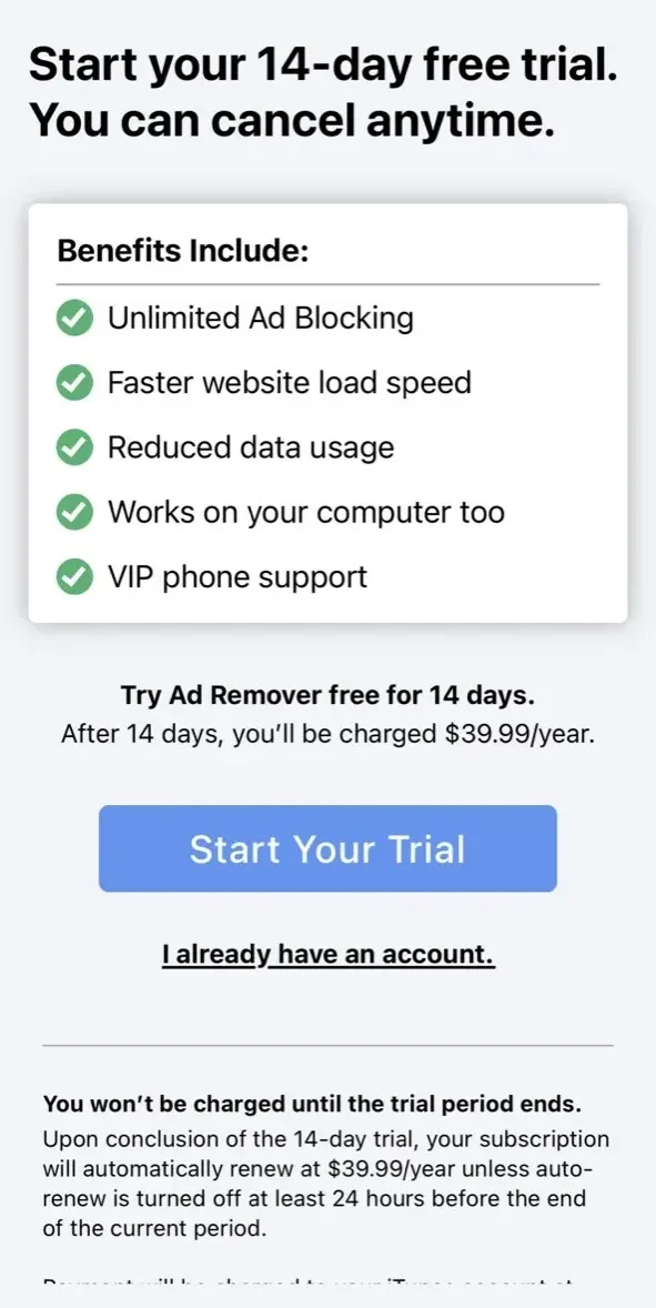 Ad Remover paywall screen
