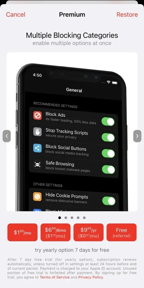AdBlock Pro paywall screen