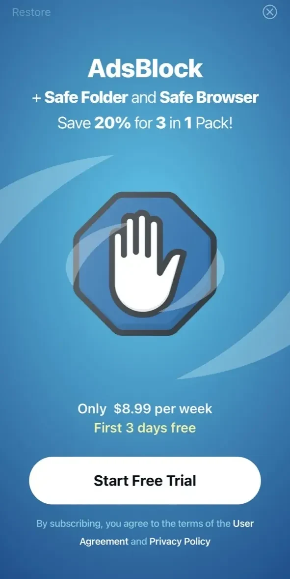 AdBlock Safe Folder paywall screen