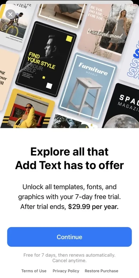 Add Text paywall screen