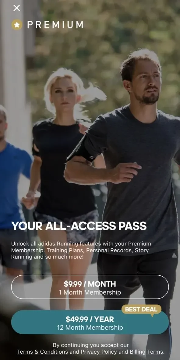 adidas Running paywall screen