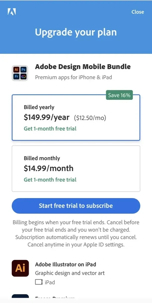 Adobe Creative Cloud paywall screen