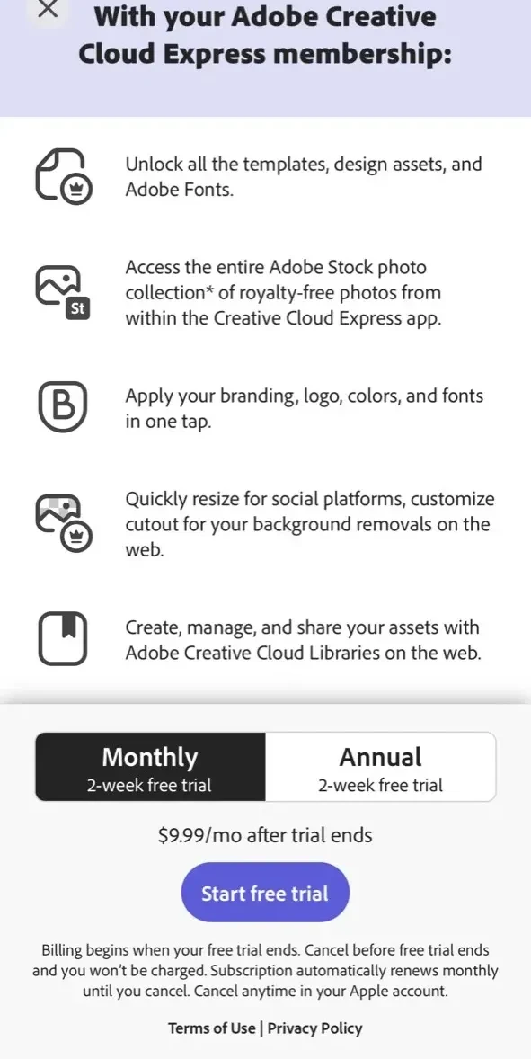 Adobe Express paywall screen
