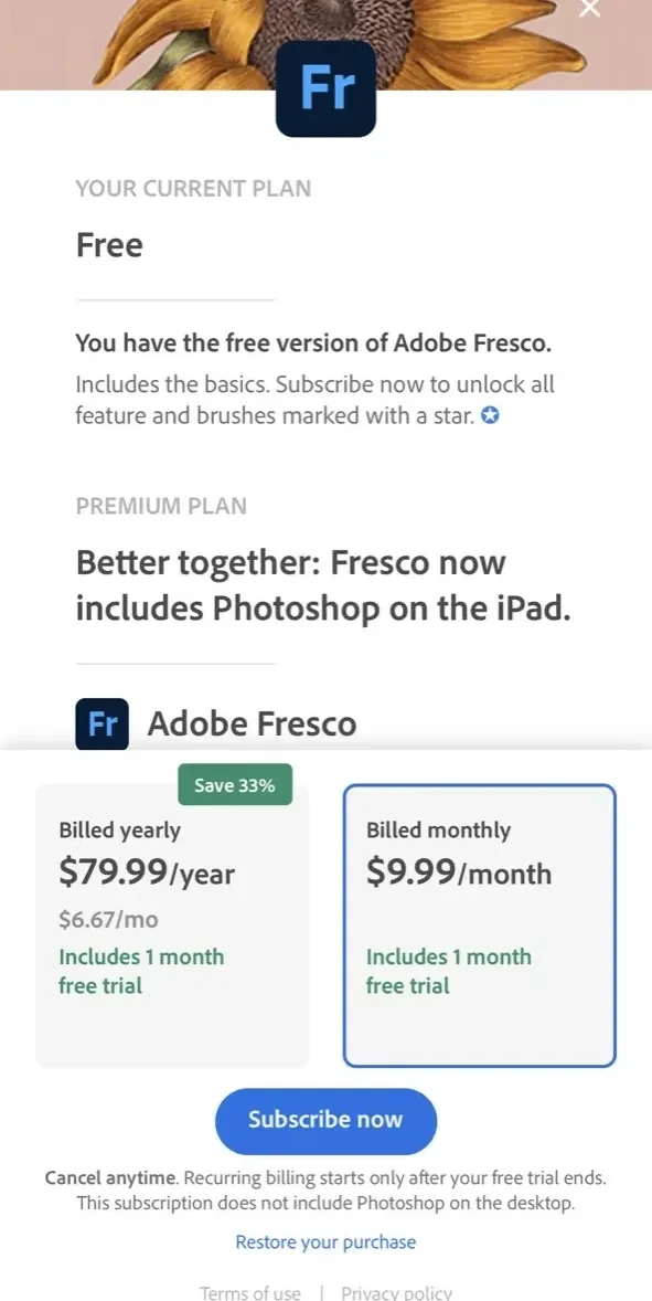 Adobe Fresco paywall screen