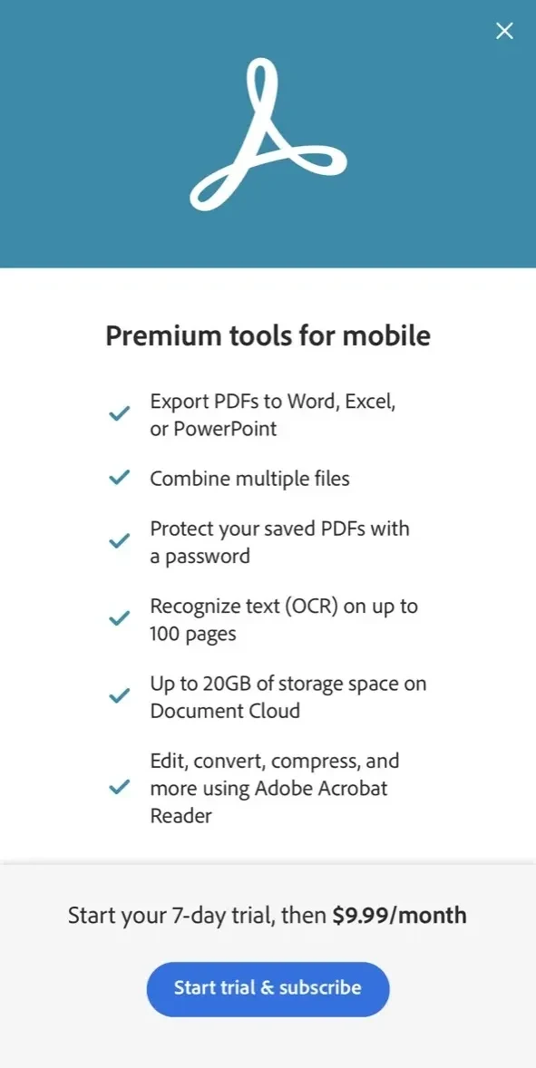 Adobe Scan paywall screen