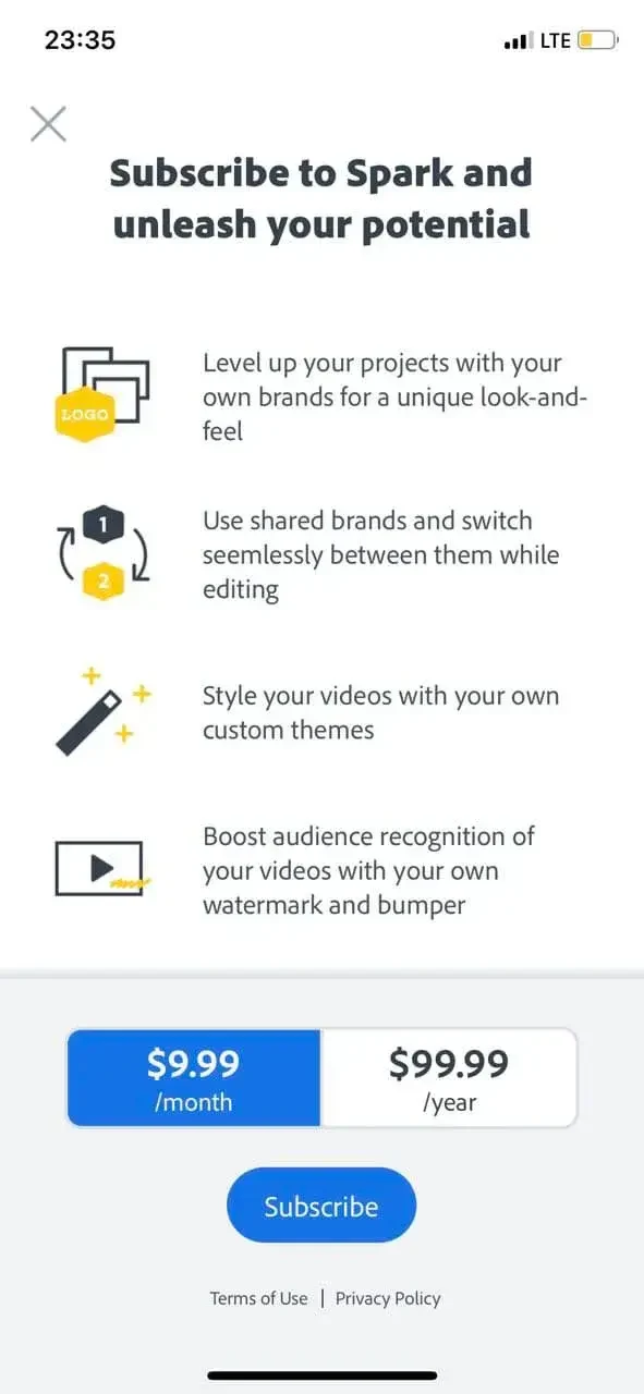Adobe Spark Video paywall screen