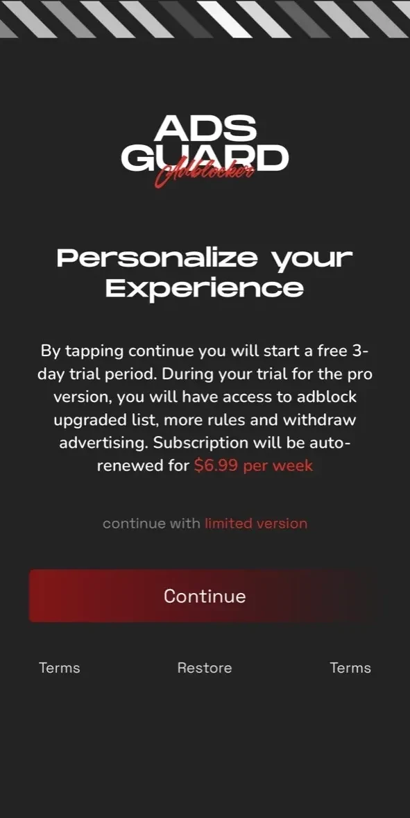 AdsGuard paywall screen