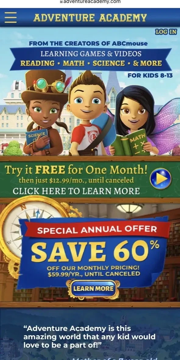 Adventure Academy paywall screen