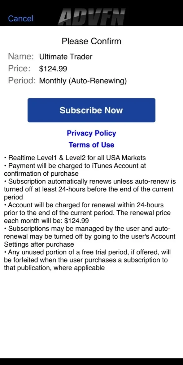 ADVFN Realtime Stocks paywall screen