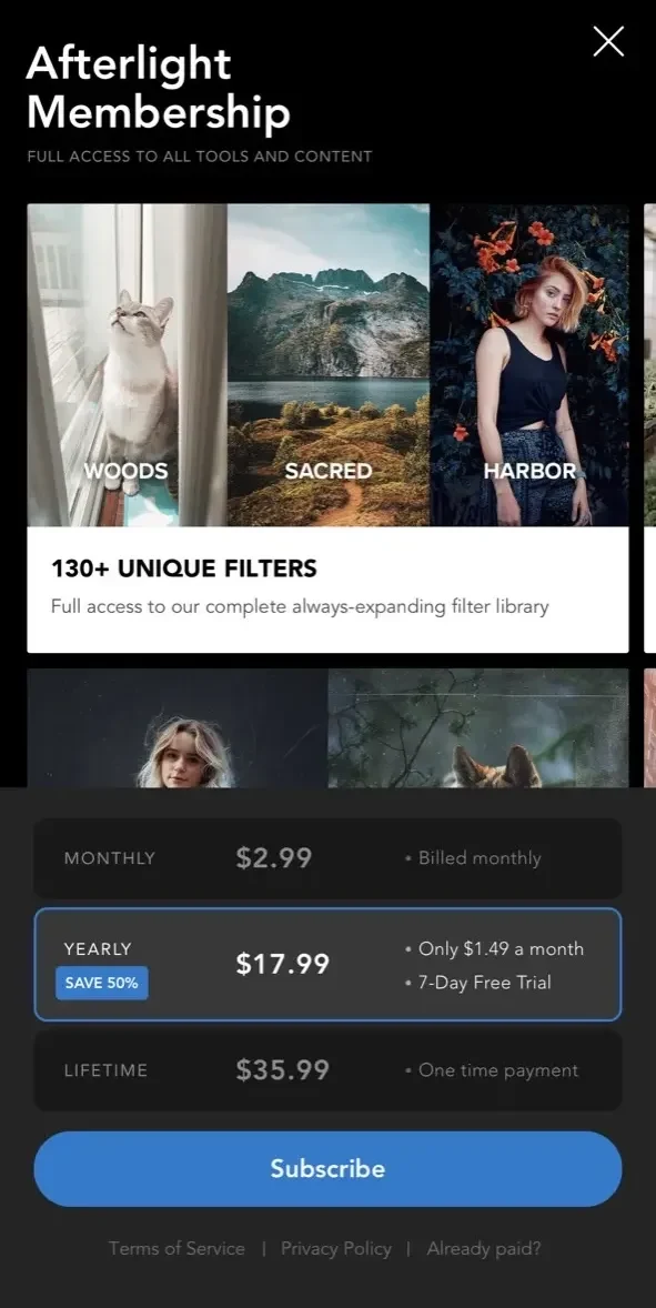 Afterlight paywall screen