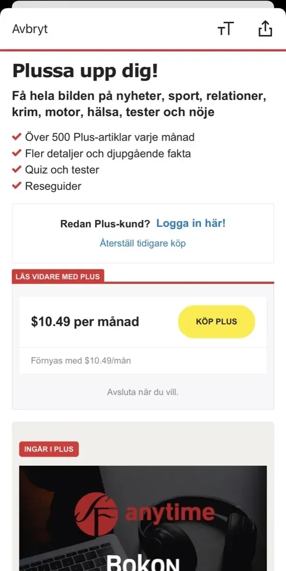 Aftonbladet Nyheter paywall screen
