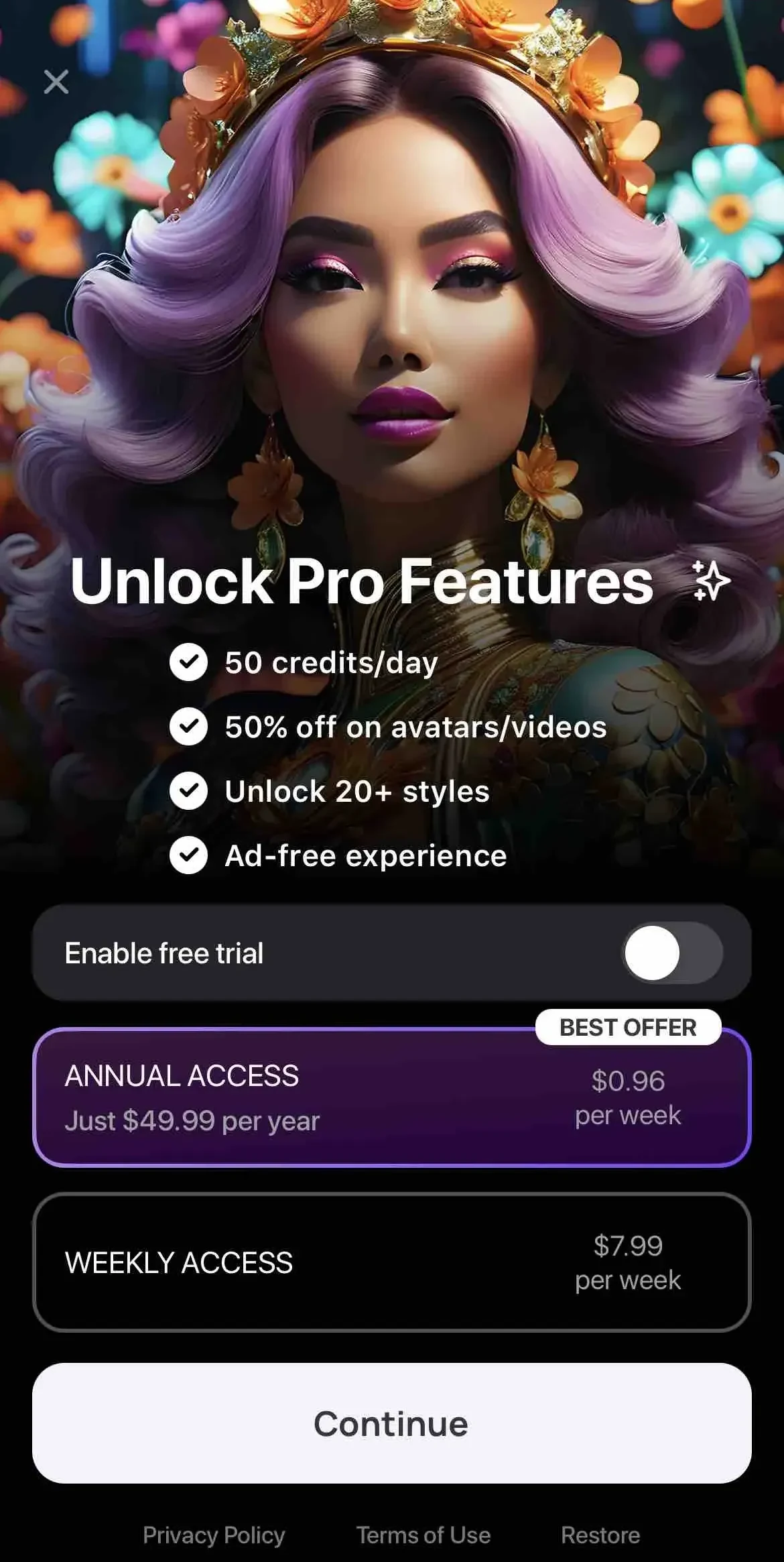 AI Art Photo Generator paywall screen