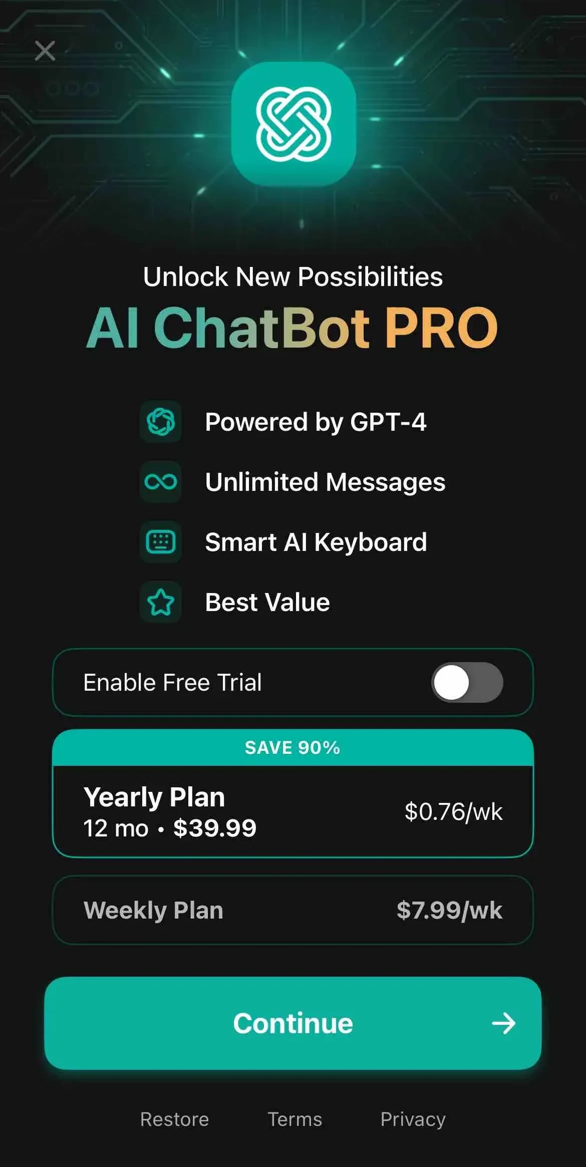 AI Chatbot App with Сhat paywall screen