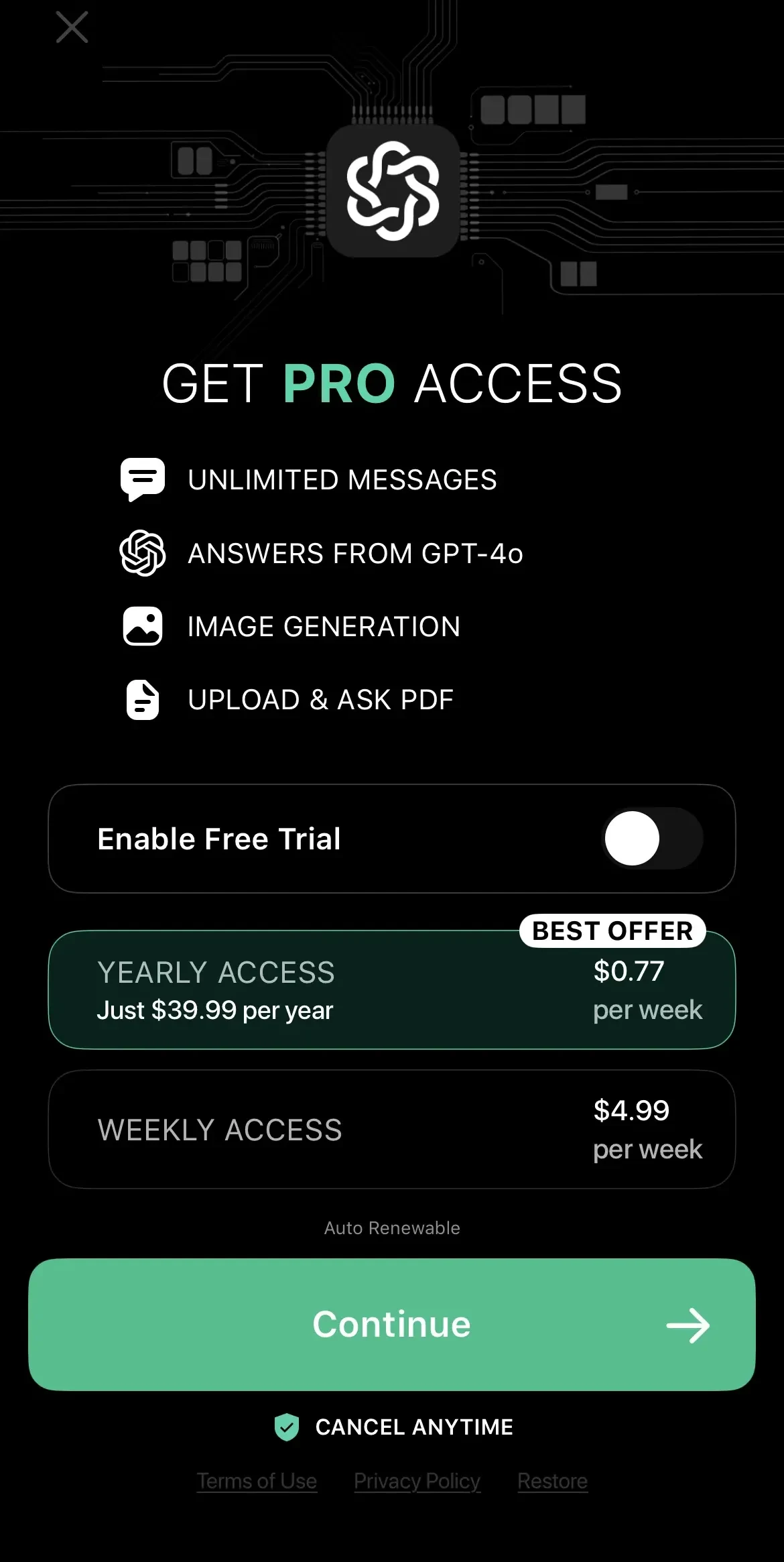 AI Chatbot paywall screen