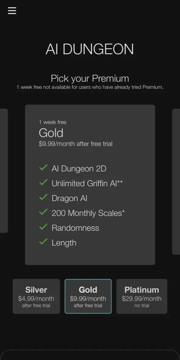 AI Dungeon paywall screen