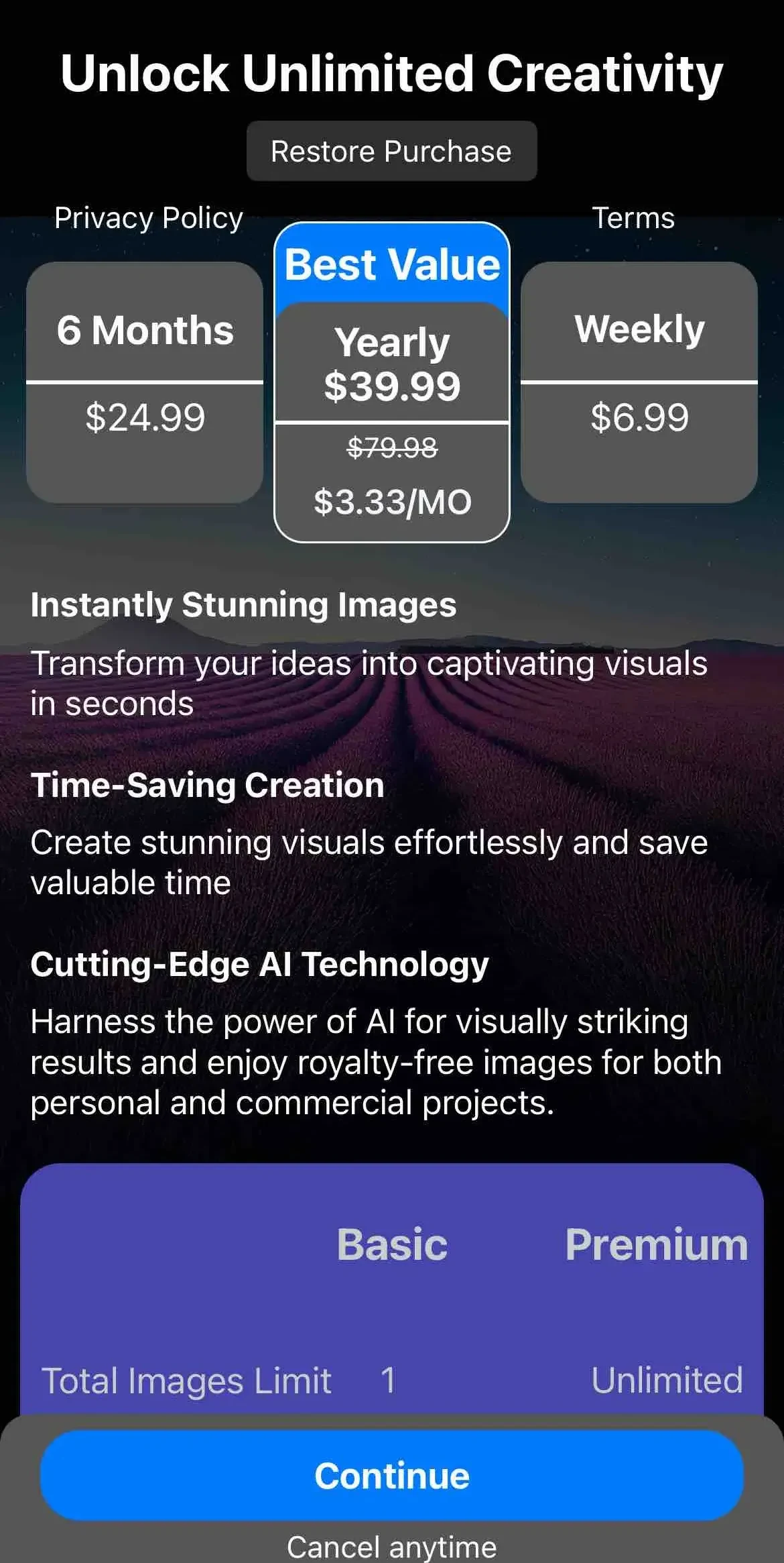 AI Image Generator paywall screen