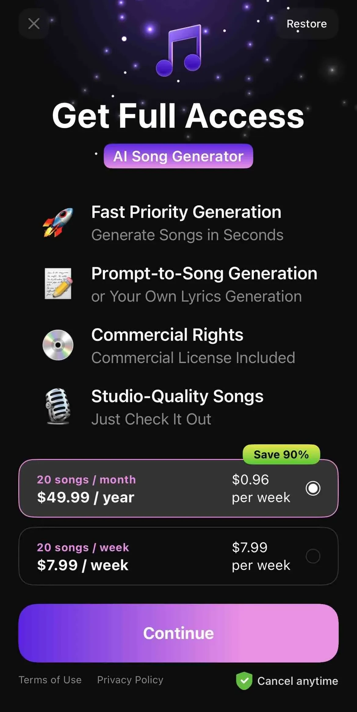 AI Song Generator paywall screen