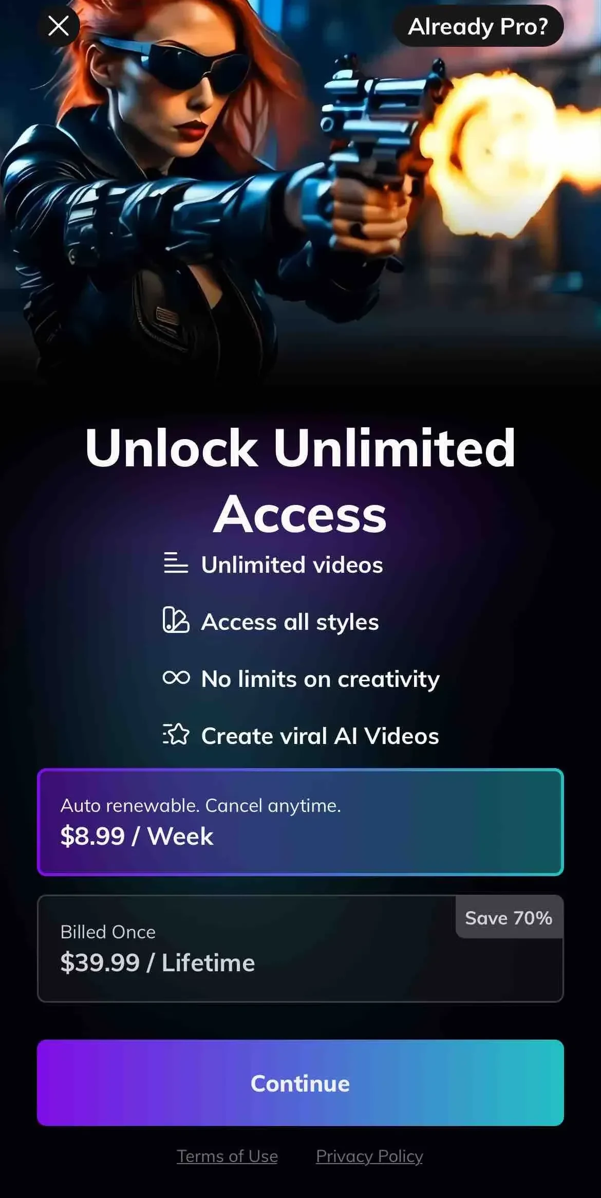 AI Video Art Creator paywall screen