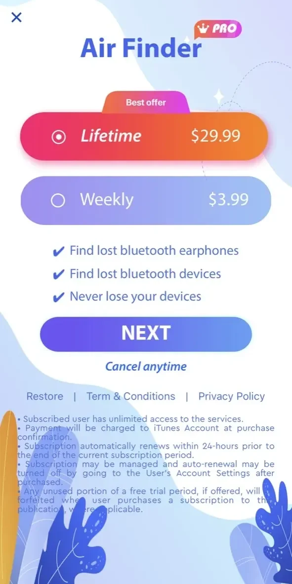 Air Finder paywall screen
