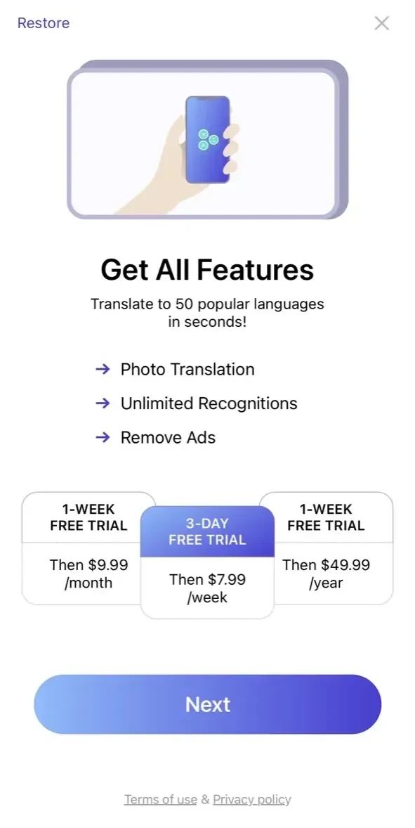 Air Translate Photo Translator paywall screen