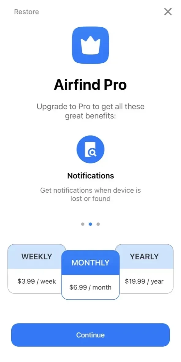 AirFind Find My Lost Device paywall screen